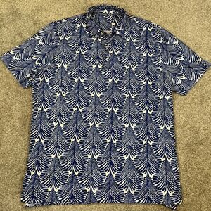 Johnnie-O Polo Shirt XL Blue White Leaf All Over Print Performance Golf Stretch